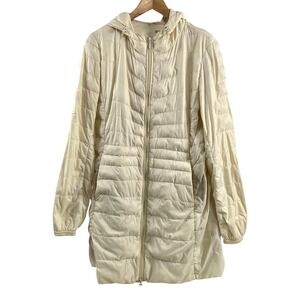 Uniqlo Womens Down Puffer Coat sz M Ivory Full Zip Hood Travel Packable Outdoor